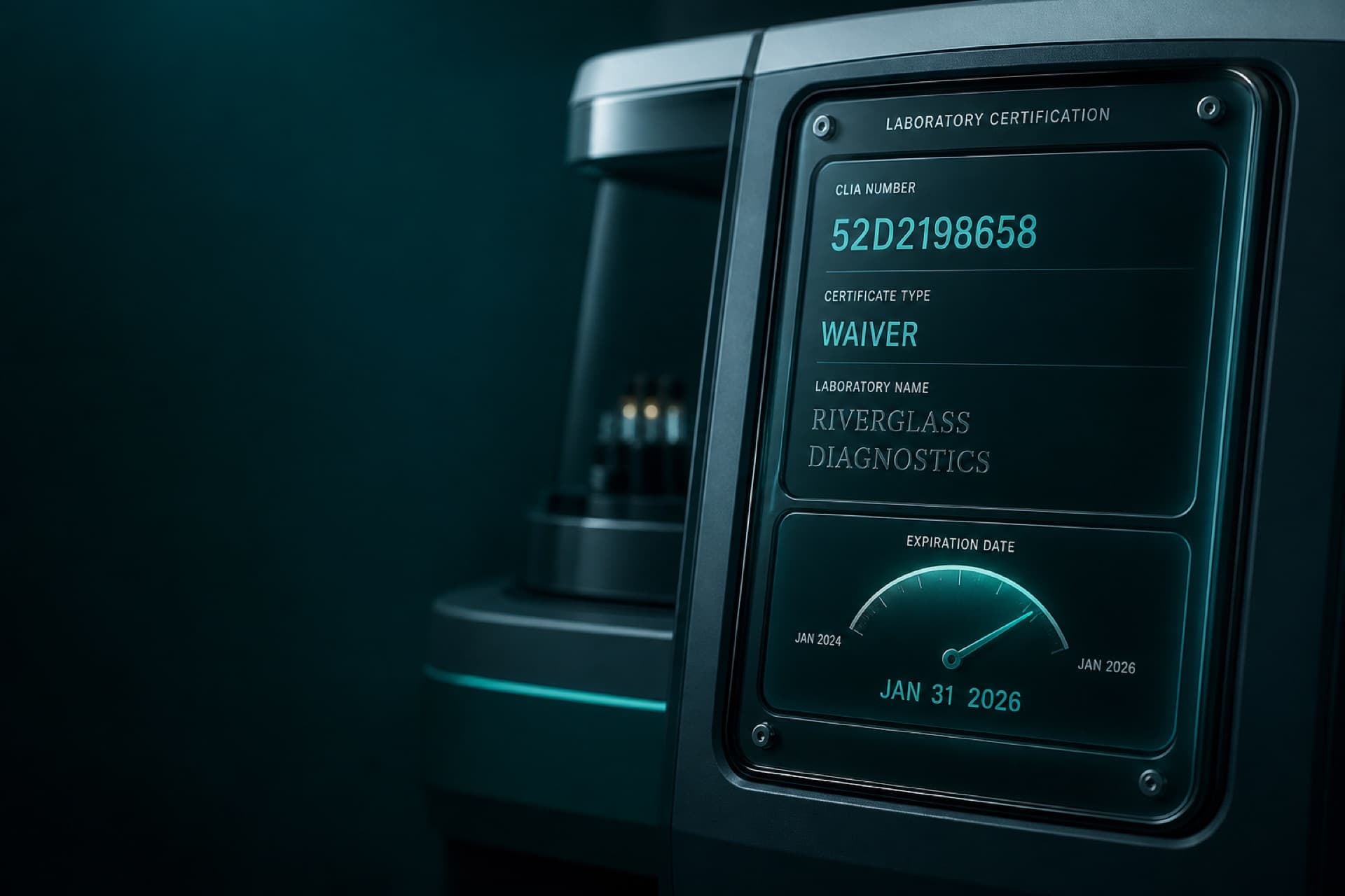 A sea-glass laboratory instrument panel showing a CLIA certificate readout with number, waiver type, and expiration gauge.