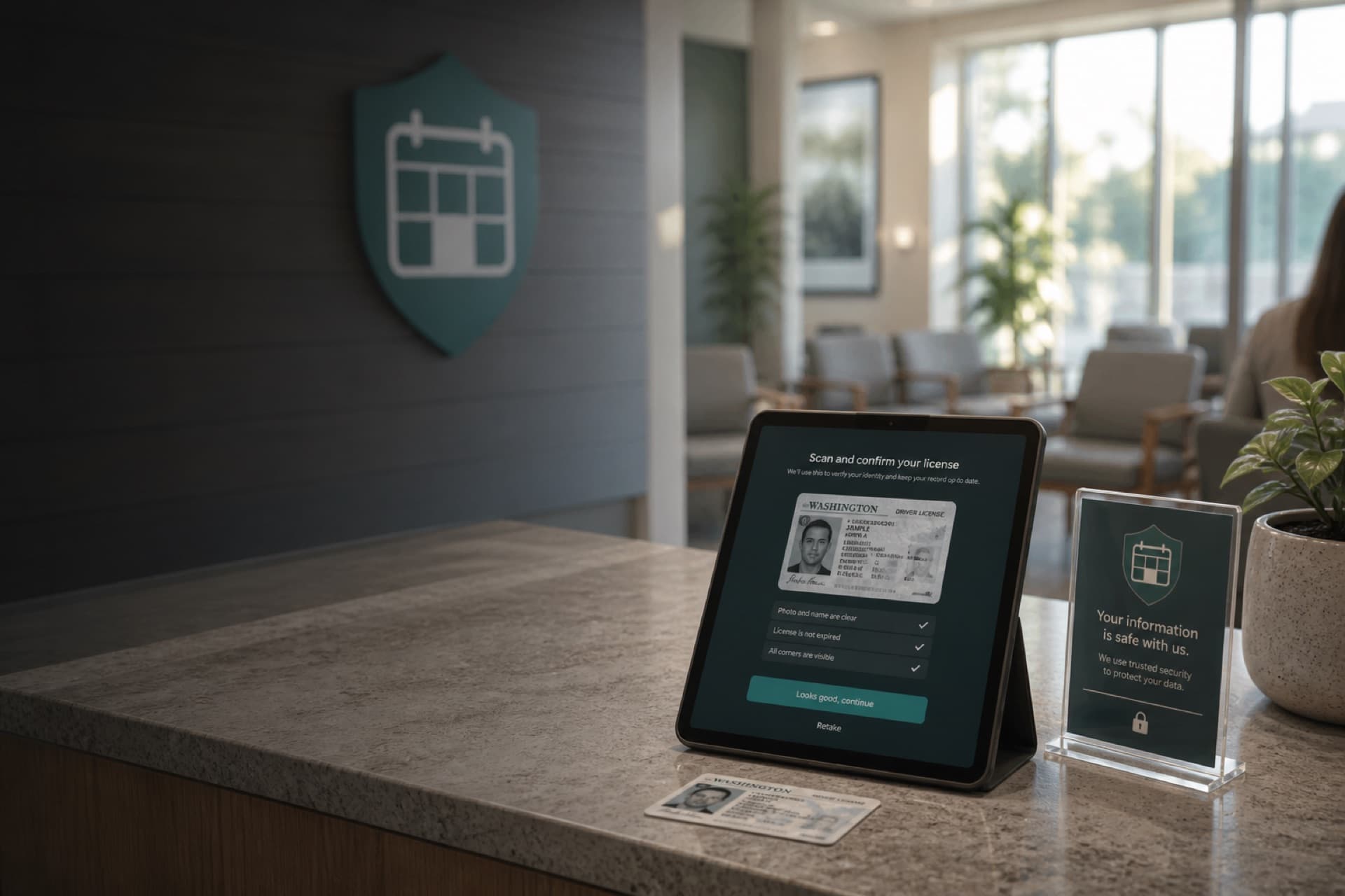 A clinic reception desk in morning light with a tablet open to a document scan, a license set down beside it.
