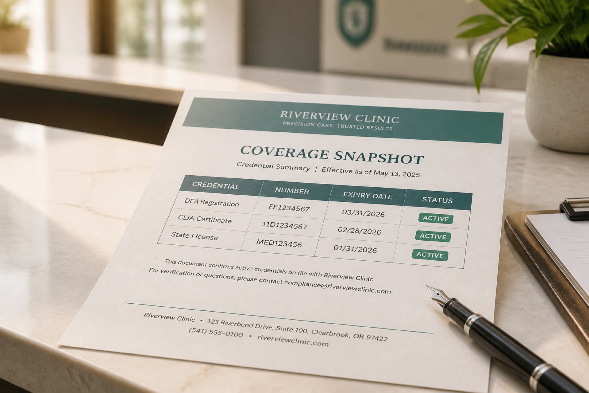 A printed coverage snapshot on a bright clinic desk, sea-glass header band, ready to hand to a director or inspector.