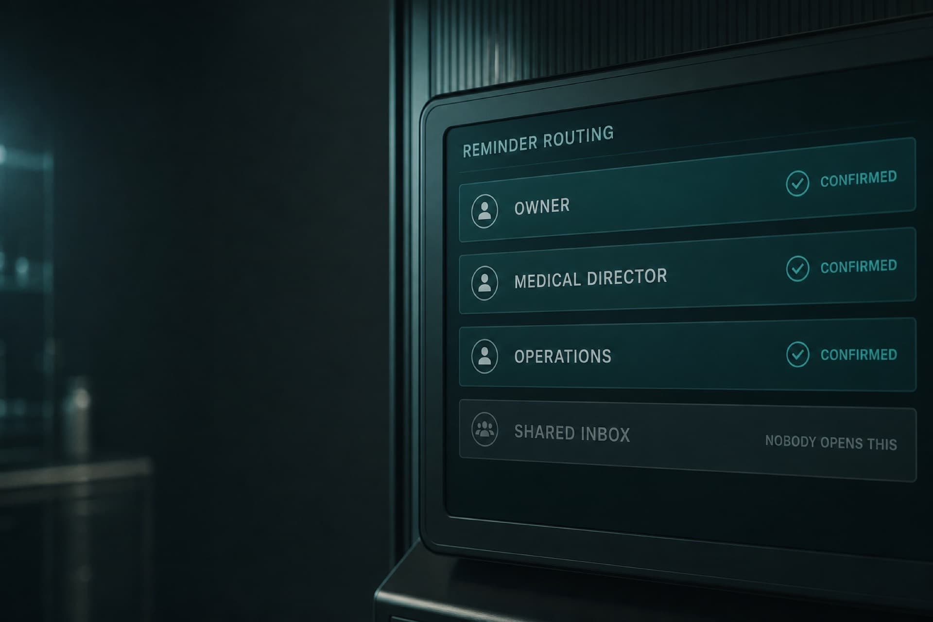 A sea-glass reminder routing panel with named facility roles confirmed and a shared inbox marked as unopened.