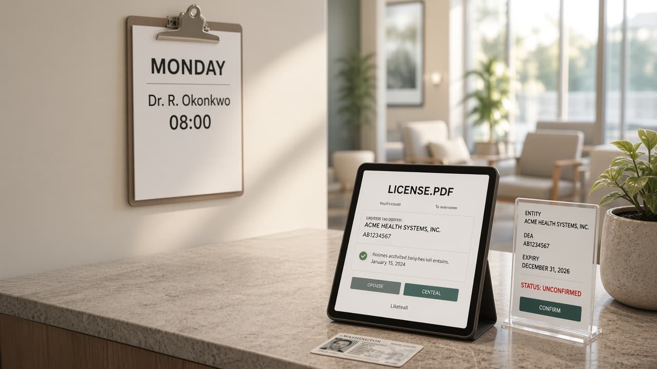 A Monday locum on the clinic schedule beside a tablet with an unopened license PDF and a sea-glass review screen still unconfirmed.